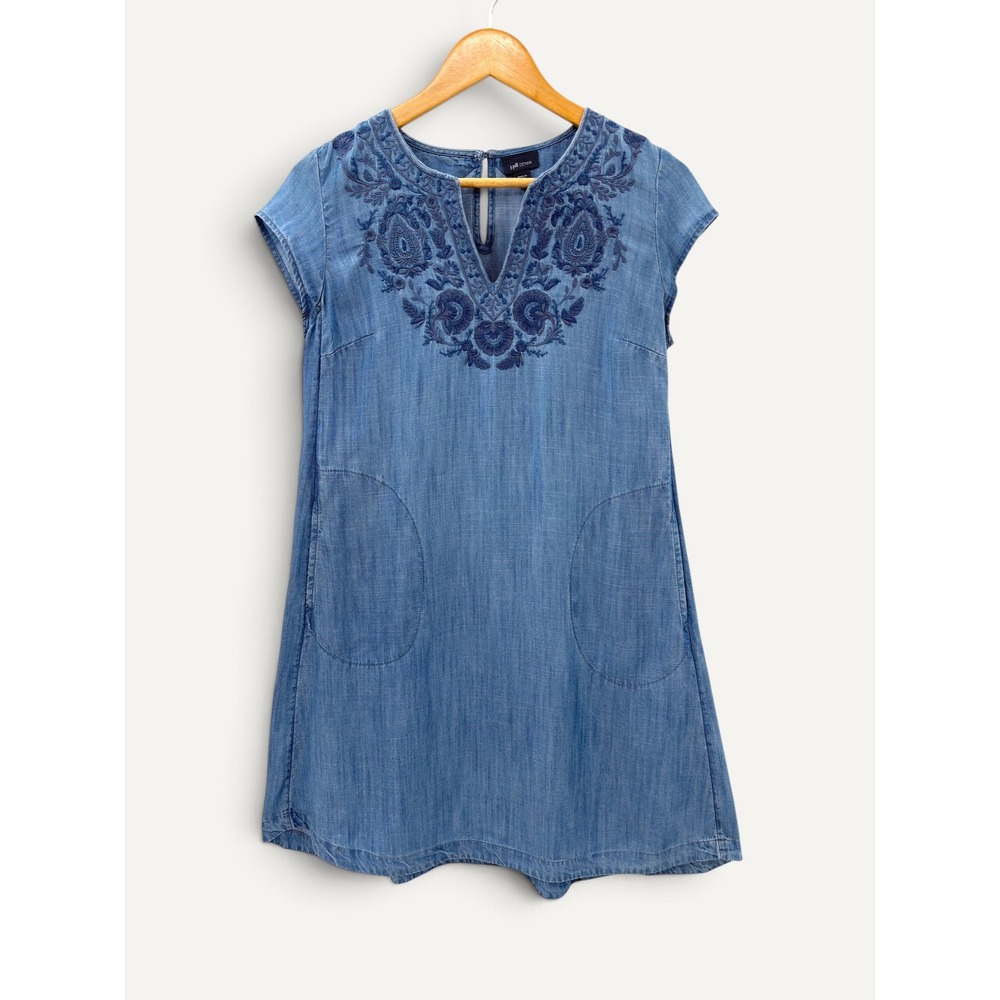 J. Jill Tencel Denim Dress Embroidered V-Neck Shift XS Petite Peasant Artisan